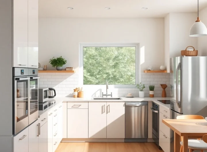 Showcase affordable kitchen appliances with sleek stainless steel surfaces in a modern kitchen.