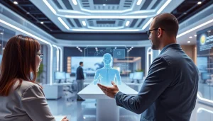 AI sales agents collaborating with clients using holographic technology in a modern workspace.