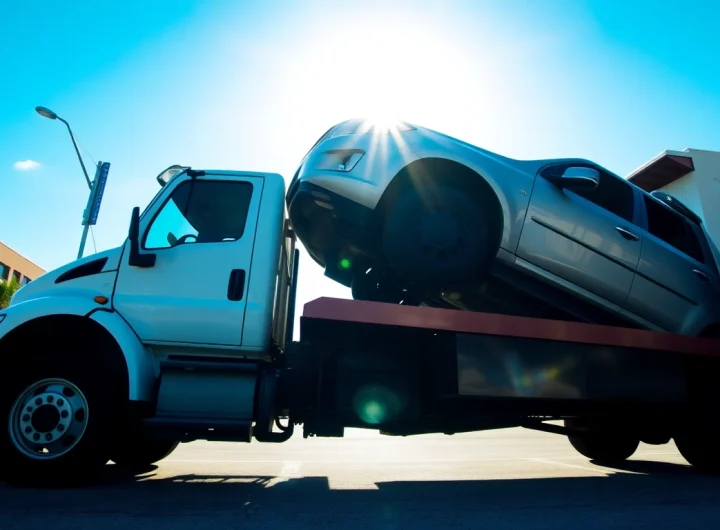 Car towing Tampa: Reliable tow truck lifting a vehicle in sunny urban setting, showcasing prompt service.