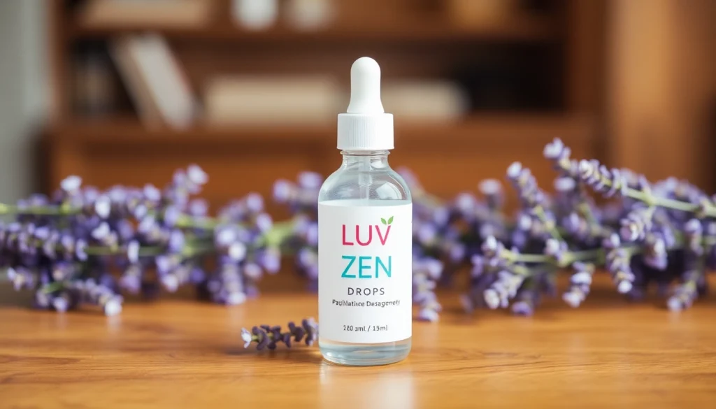 Relax and discover the benefits of Zen Drops reviews with calming imagery of LUV Zen Drops and natural ingredients.