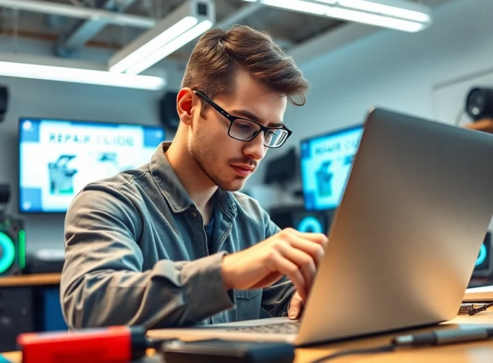 Riparazione pc torino con un tecnico esperto che ripara un laptop in un ambiente moderno.
