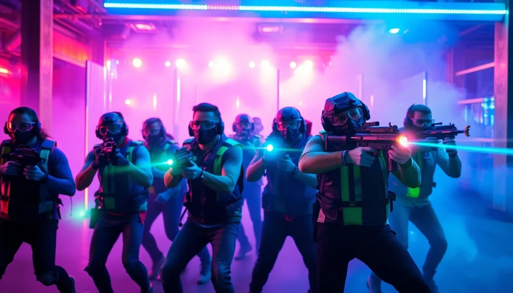 Players enjoy an exciting laser tag game in a colorful arena filled with lights and obstacles.