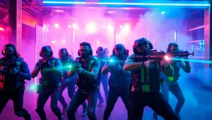 Players enjoy an exciting laser tag game in a colorful arena filled with lights and obstacles.