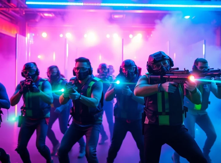 Players enjoy an exciting laser tag game in a colorful arena filled with lights and obstacles.