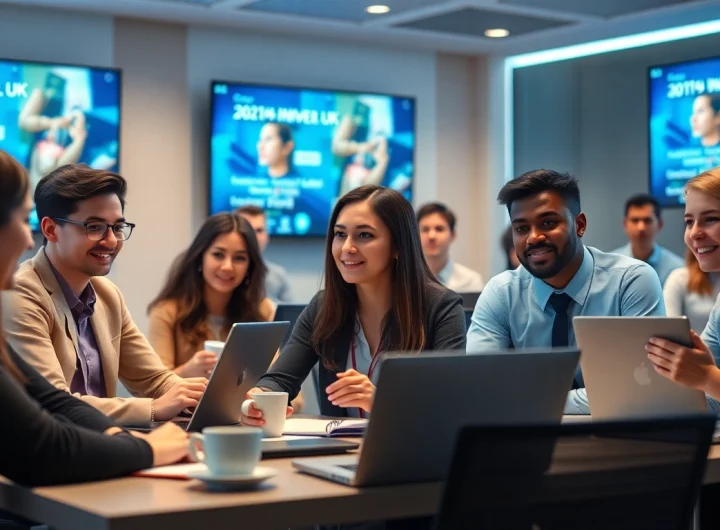 Engaged students pursuing online university degrees from the UK in a modern virtual classroom.