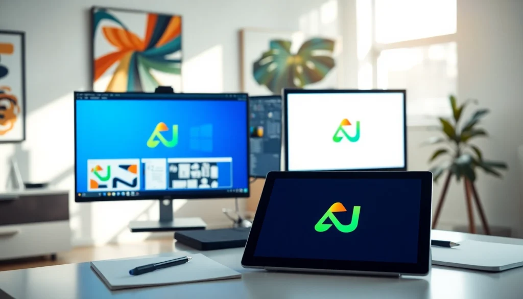 Create a stunning custom AI logo design in a vibrant and modern workspace.