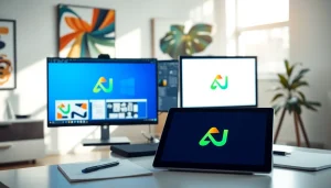 Create a stunning custom AI logo design in a vibrant and modern workspace.