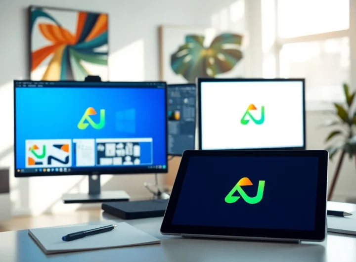 Create a stunning custom AI logo design in a vibrant and modern workspace.