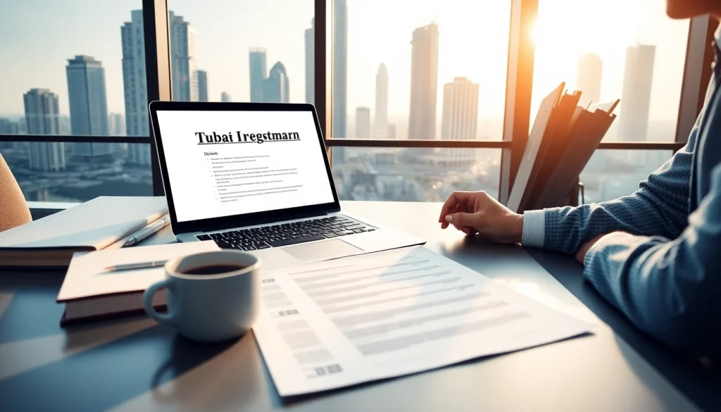 Reviewing trademark registration in Dubai documents on a professional workspace.