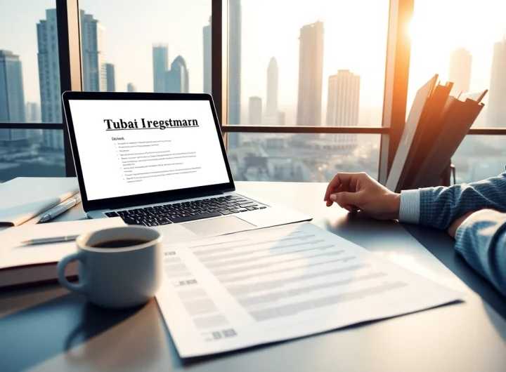 Reviewing trademark registration in Dubai documents on a professional workspace.