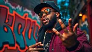 Capture the essence of Chicago rap lyrics through a hip-hop artist performing passionately in a vibrant city backdrop.