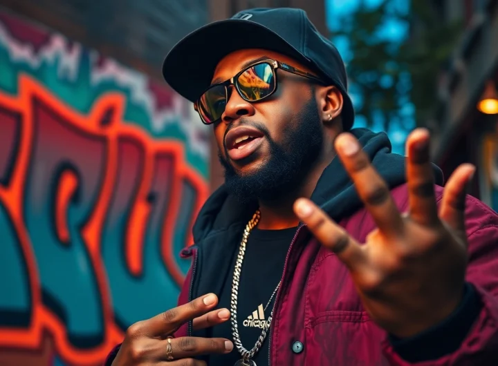 Capture the essence of Chicago rap lyrics through a hip-hop artist performing passionately in a vibrant city backdrop.