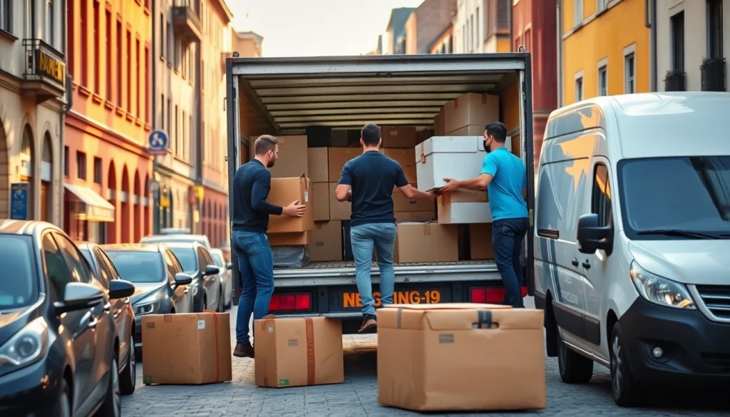 Movers efficiently handling an Umzug Nürnberg, showcasing teamwork and care in a beautiful street setting.