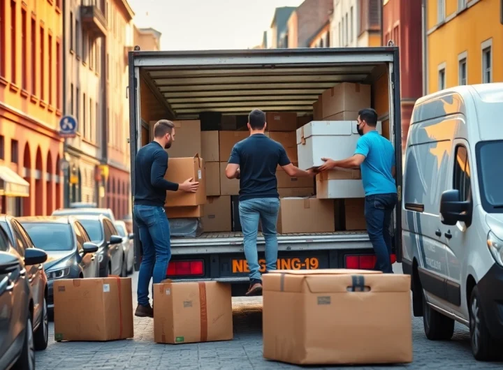 Movers efficiently handling an Umzug Nürnberg, showcasing teamwork and care in a beautiful street setting.