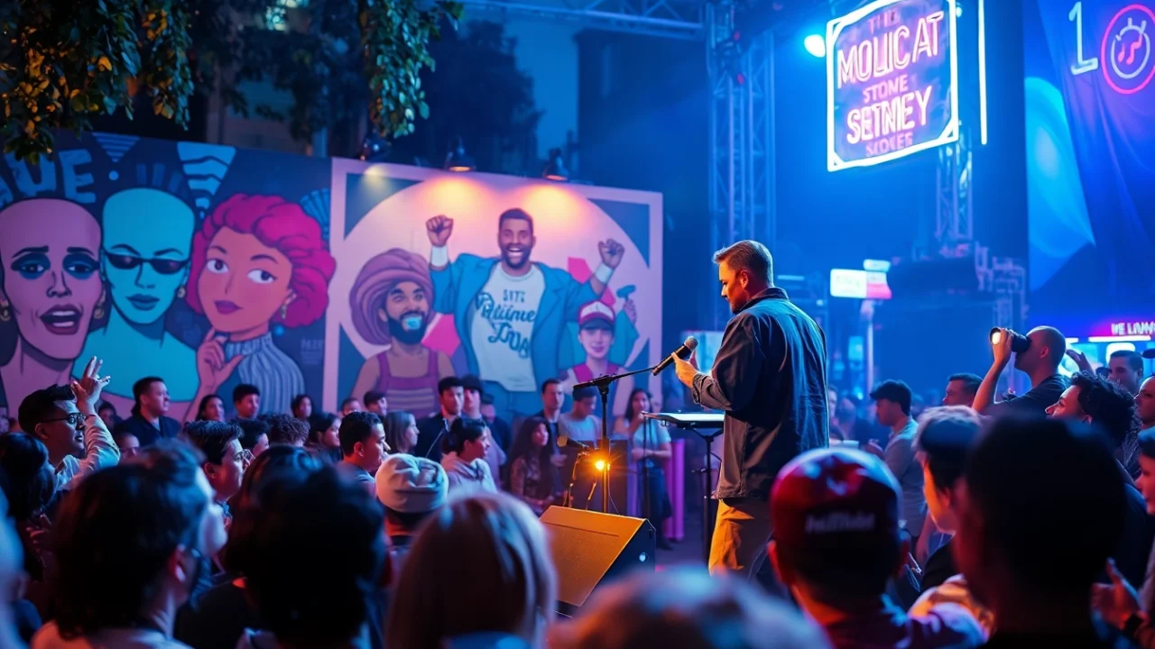 Musician delivering social commentary through performance at an energetic urban event.