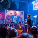 Musician delivering social commentary through performance at an energetic urban event.