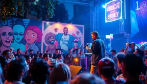 Musician delivering social commentary through performance at an energetic urban event.