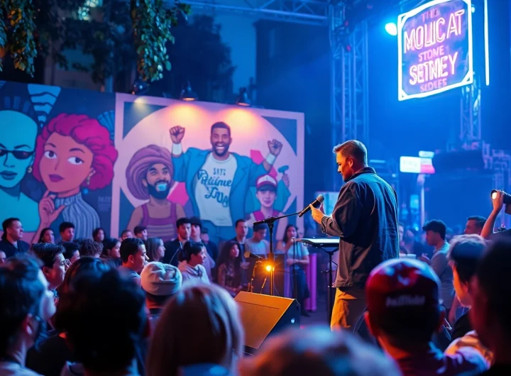 Musician delivering social commentary through performance at an energetic urban event.