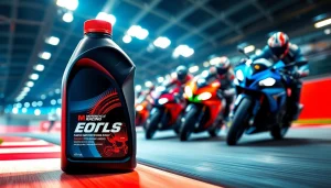 Showcase of racing engine oils with motorcycles on a vibrant racetrack, emphasizing speed and performance.