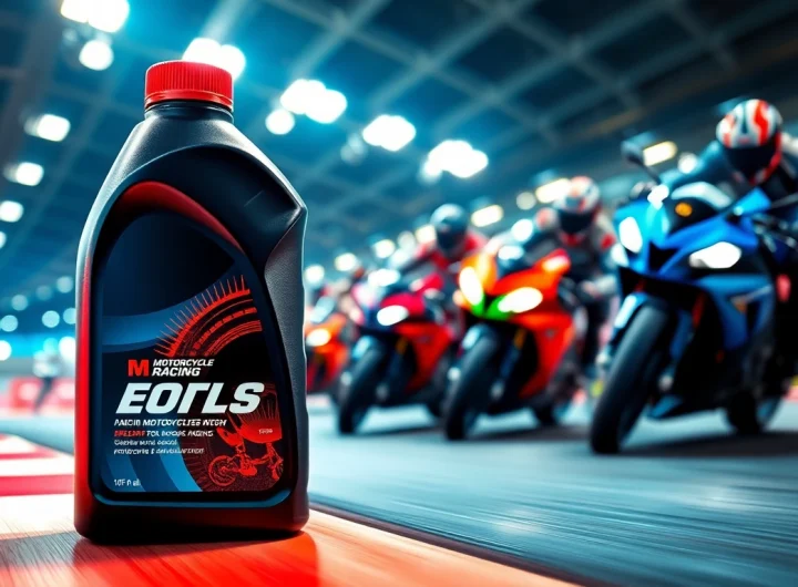 Showcase of racing engine oils with motorcycles on a vibrant racetrack, emphasizing speed and performance.