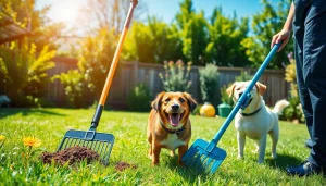 Dog clean up service where a friendly technician scoops dog waste in a vibrant backyard.
