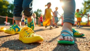 Barfußschuhe Kinder in einem Spielplatz mit fröhlichen Kindern, die spielen.