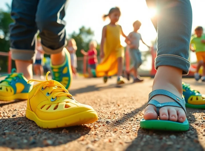 Barfußschuhe Kinder in einem Spielplatz mit fröhlichen Kindern, die spielen.