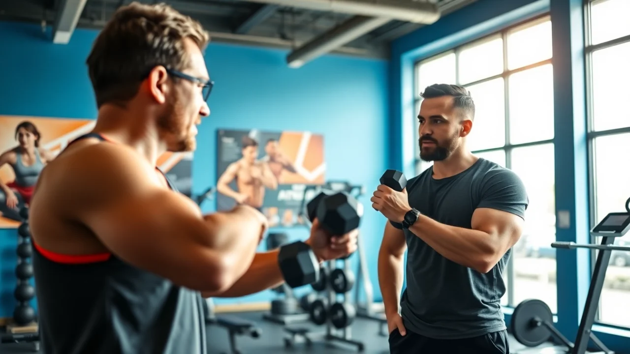 Engaging gym Training Consultation between a fitness coach and client in a vibrant gym setting.