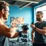 Engaging gym Training Consultation between a fitness coach and client in a vibrant gym setting.