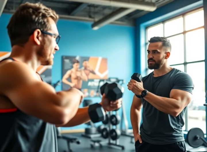 Engaging gym Training Consultation between a fitness coach and client in a vibrant gym setting.