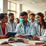 Medizinstudium ohne Test: Engaged students in a bright classroom discussing medical concepts.