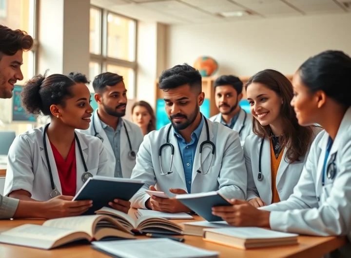 Medizinstudium ohne Test: Engaged students in a bright classroom discussing medical concepts.