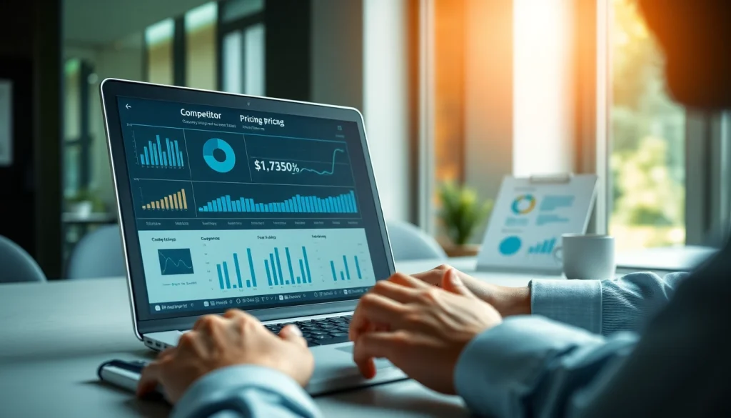 Conduct a Competitor pricing analysis with strategic insights presented on a laptop in an office.