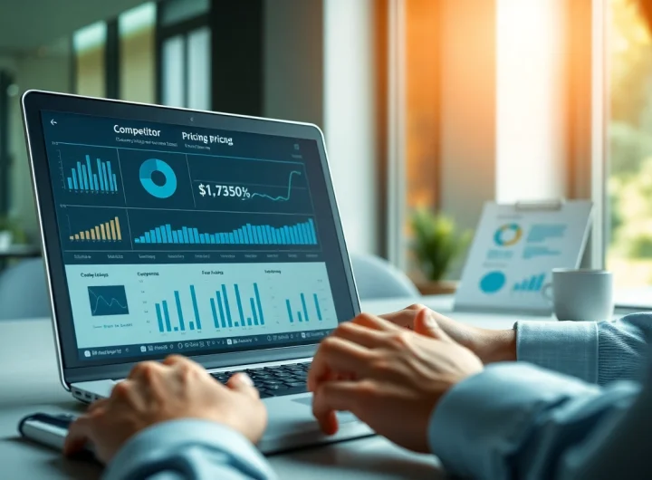 Conduct a Competitor pricing analysis with strategic insights presented on a laptop in an office.