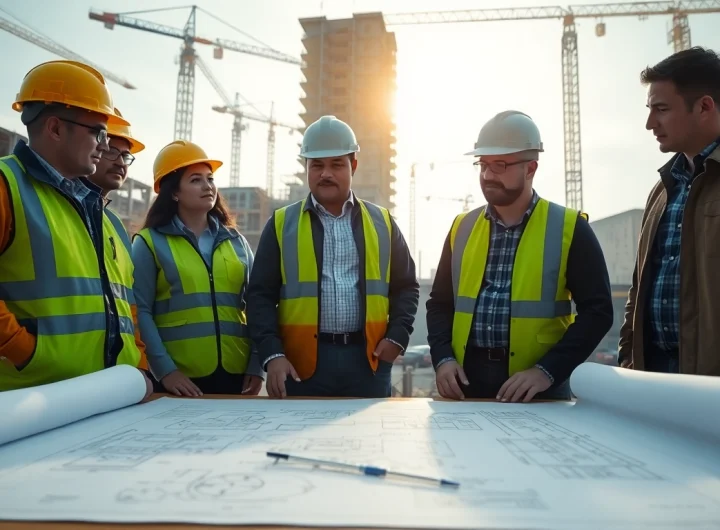 Illustration of nvq level 6 construction site management answers in a professional construction meeting setting.
