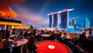 Guests enjoying games at the singapore casino in the luxurious Marina Bay Sands at night.