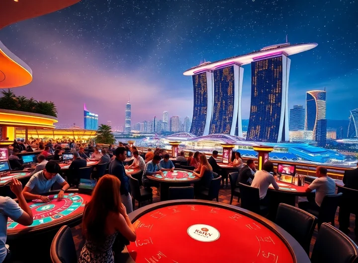 Guests enjoying games at the singapore casino in the luxurious Marina Bay Sands at night.