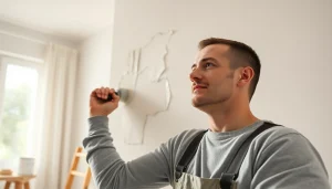 Providing drywall repair madison wi services, a technician skillfully patches a wall in a well-lit home.