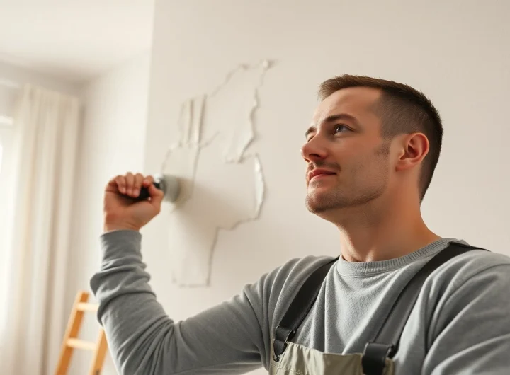 Providing drywall repair madison wi services, a technician skillfully patches a wall in a well-lit home.
