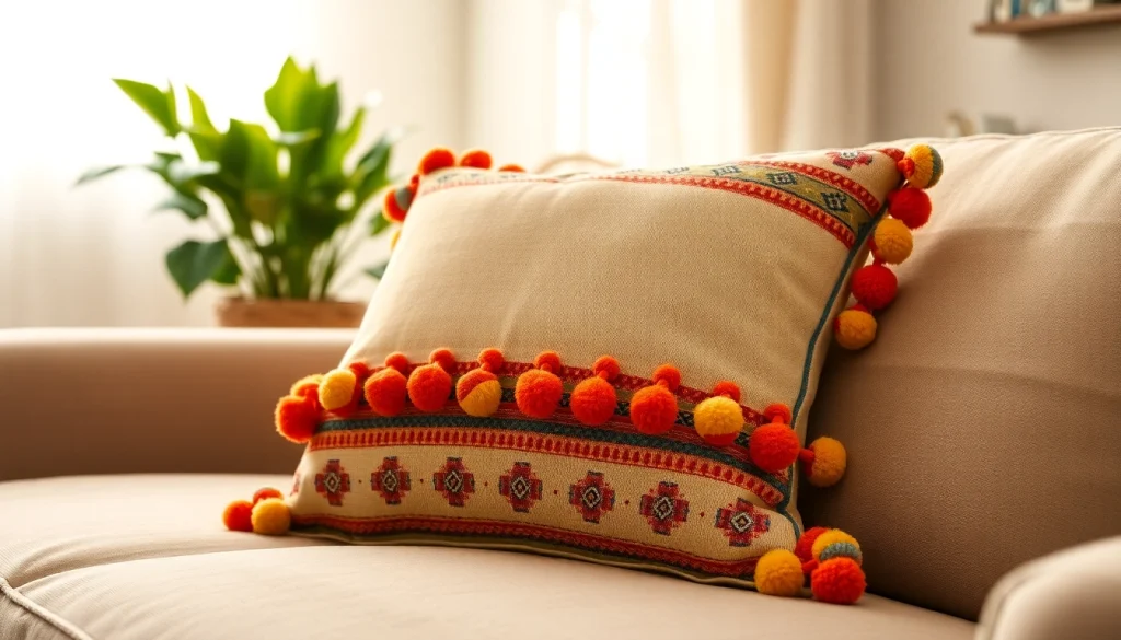 Enhance your home decor with a vibrant Pompom Cushion Cover showcasing intricate patterns.