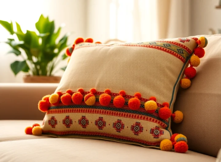 Enhance your home decor with a vibrant Pompom Cushion Cover showcasing intricate patterns.