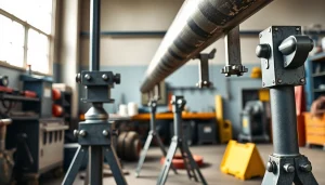 Efficient pipe stands supporting a steel pipe in a bright workshop setting.