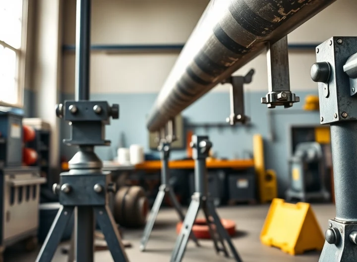 Efficient pipe stands supporting a steel pipe in a bright workshop setting.