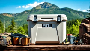 Showcasing yeti like coolers in a lush outdoor setting with hiking gear and adventure props