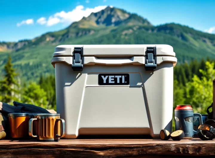 Showcasing yeti like coolers in a lush outdoor setting with hiking gear and adventure props