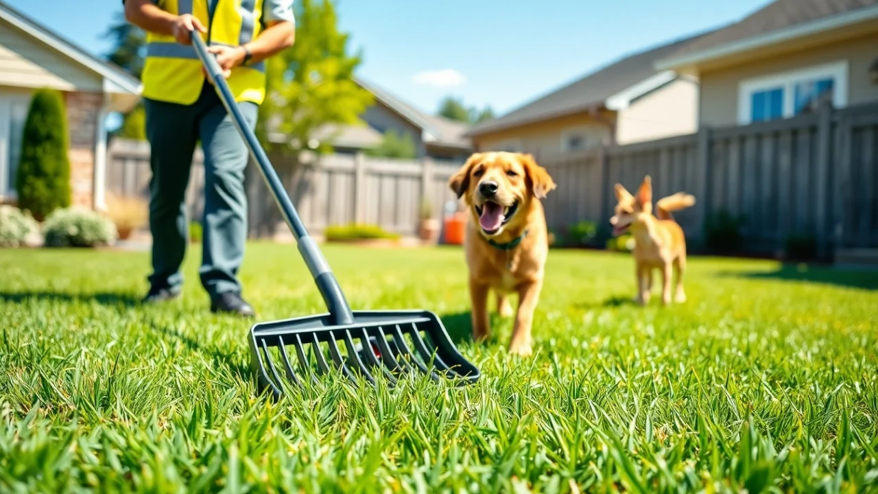 Dog poop cleanup in action with a happy worker and a clean yard scene.