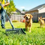 Dog poop cleanup in action with a happy worker and a clean yard scene.