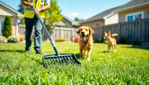 Dog poop cleanup in action with a happy worker and a clean yard scene.