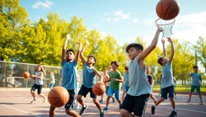 Young basketball enthusiasts practicing skills on a sunny outdoor court.