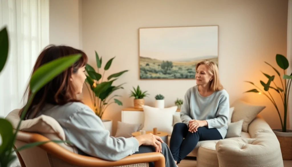 A therapist assists a client in healing trauma, embodying a supportive and peaceful atmosphere.